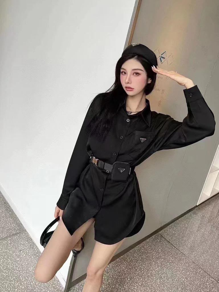 Prada Black Long-Sleeve Shirt with Belt and Pouch