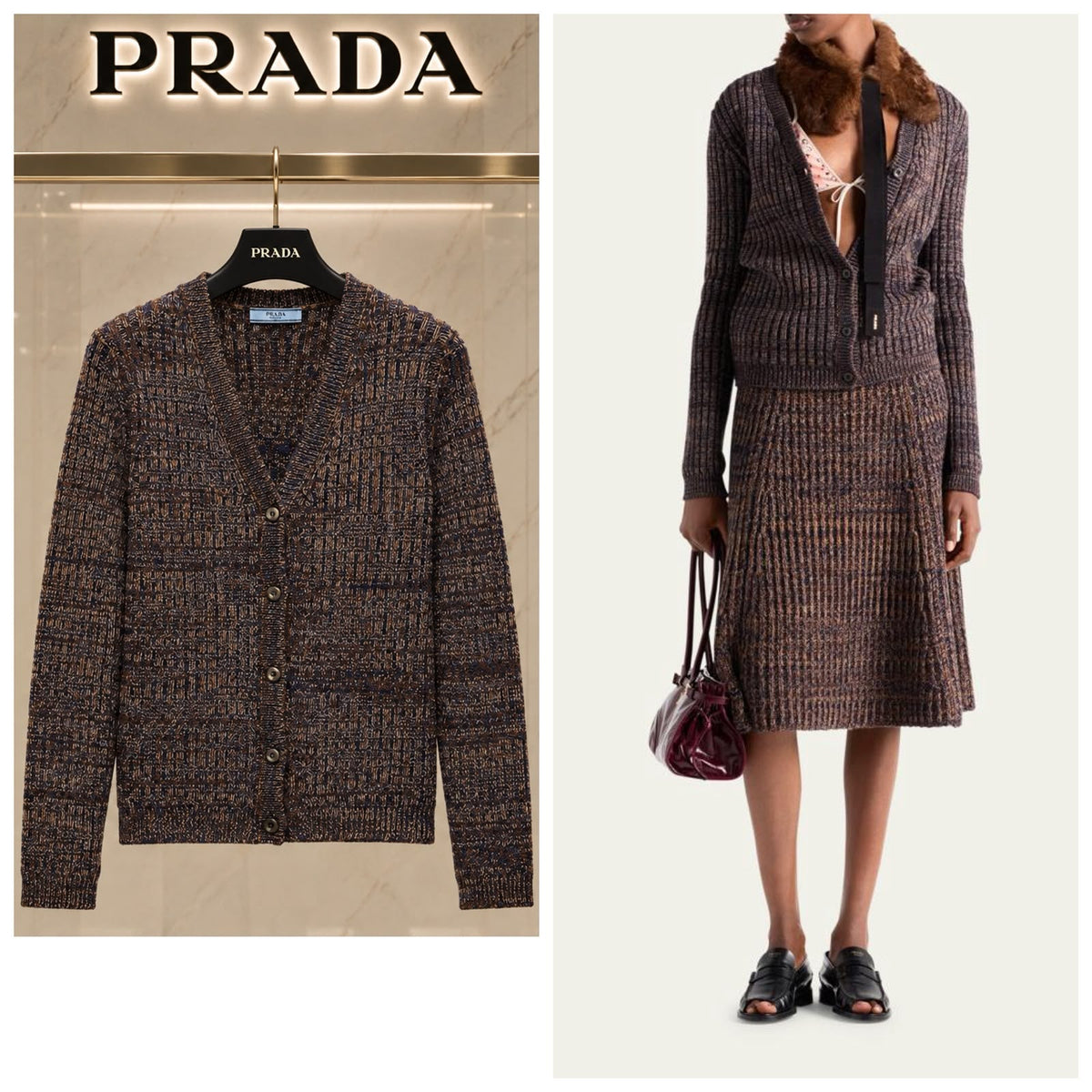 Prada Melange Knit Cardigan and Midi Skirt Set