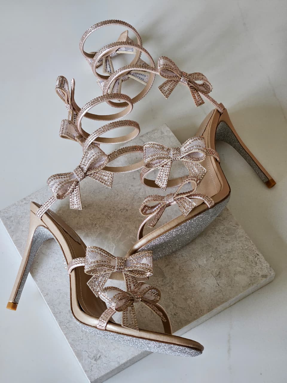 René Caovilla Cleo Crystal-Embellished Spiral Bow Sandals
