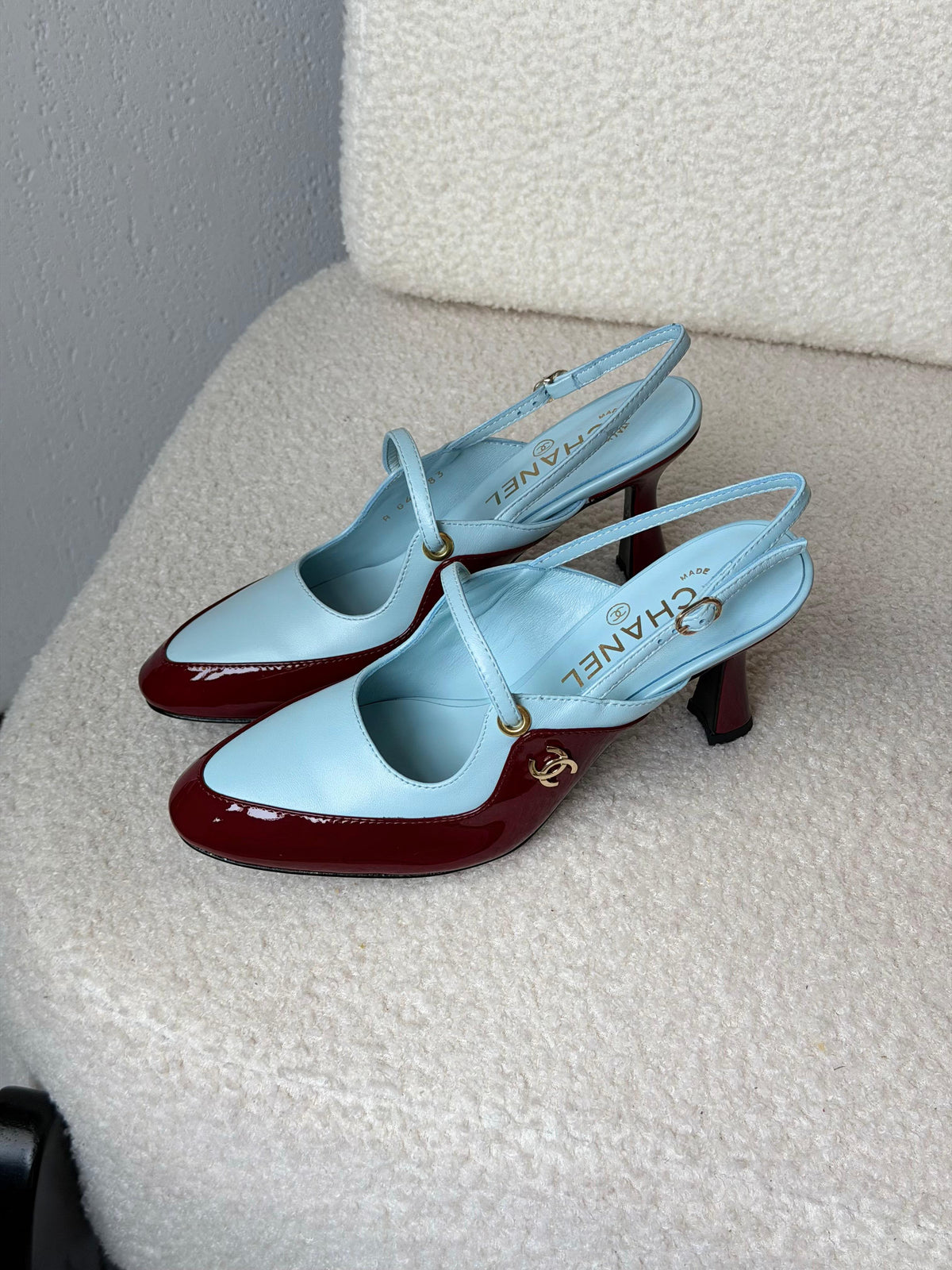 Chanel Two-Tone Patent and Leather Slingback Heels with T-Strap and CC Logo