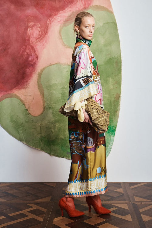Alémais Multi-Color Scenic Print Silk Maxi Dress with Mock Neck and Tie Belt