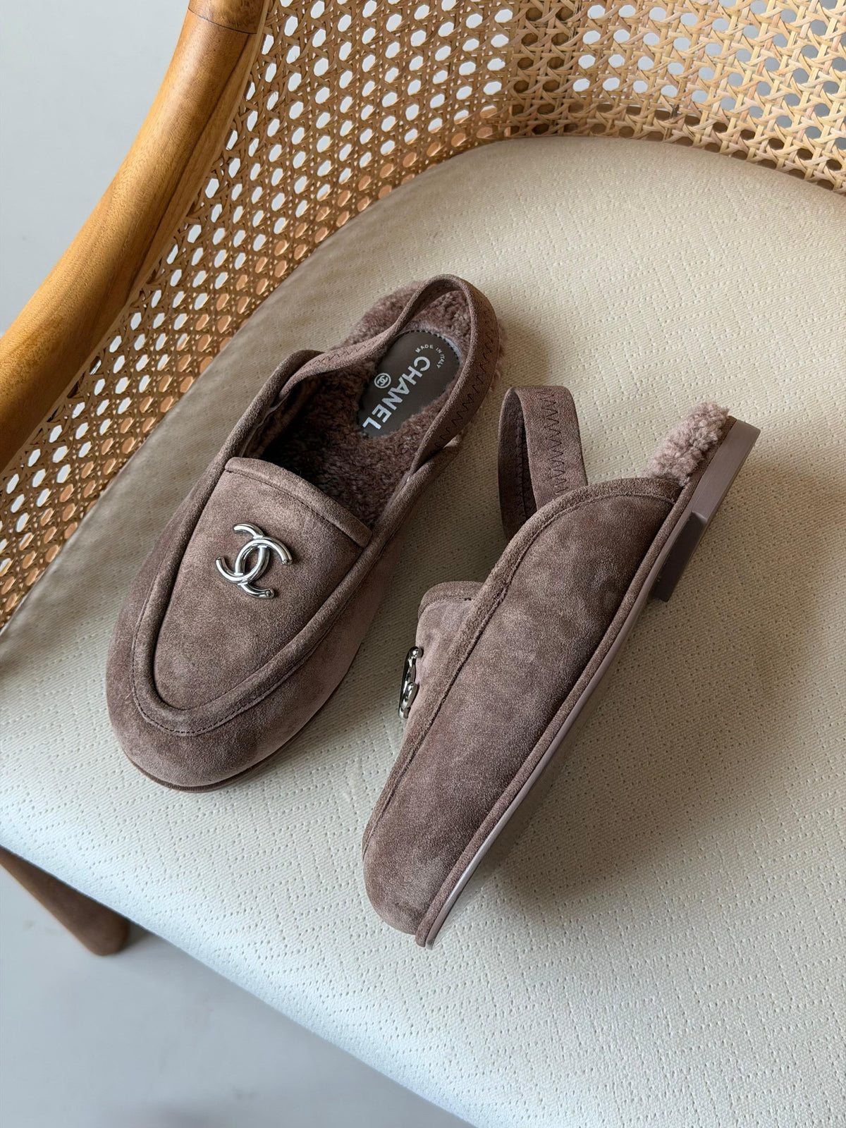 Chanel Shearling-Lined Loafer Mules with CC Logo