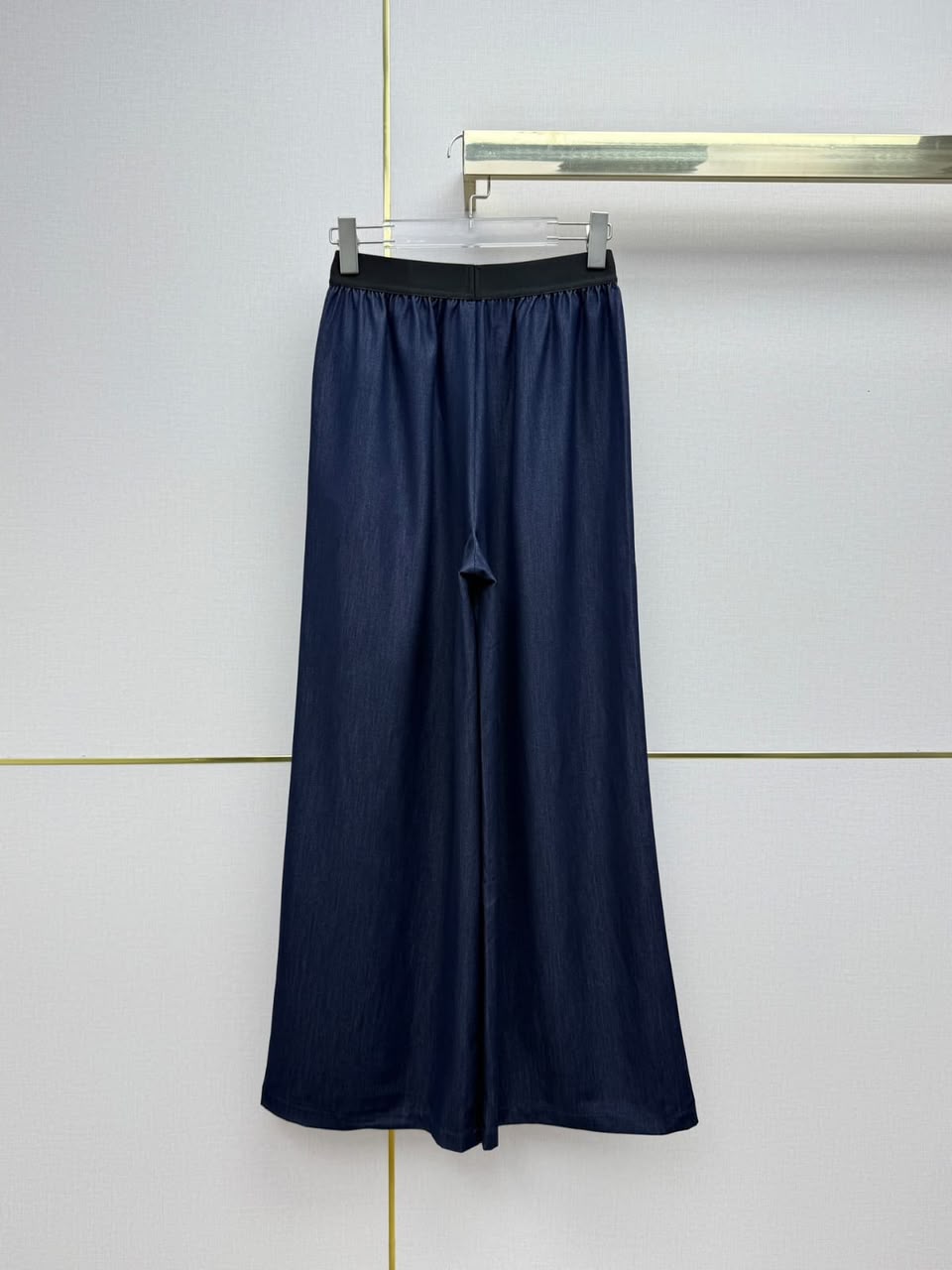 Prada Elastic Logo Band Wide-Leg Denim / Silk Pants