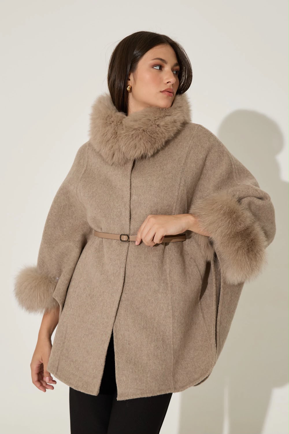 Loro Piana Cashmere Cape with Fox Fur Trim and Belt
