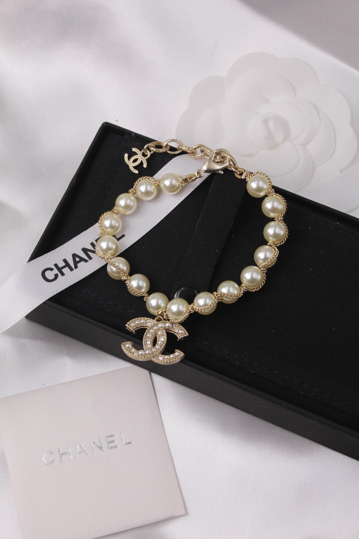Chanel-Inspired Pearl Bracelet with Gold CC Charm