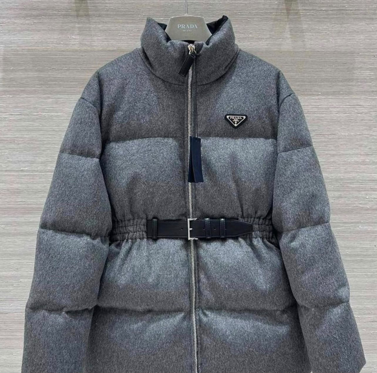 Prada Wool/Flannel Puffer Jacket with Belt