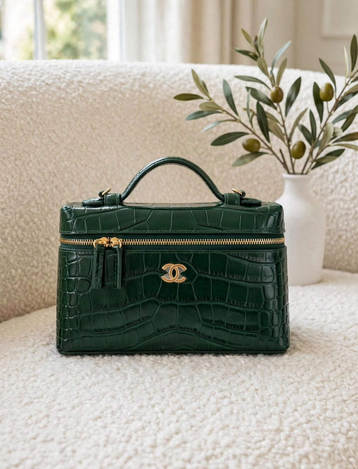 CHANEL Croc Pattern Zip Vanity Bag