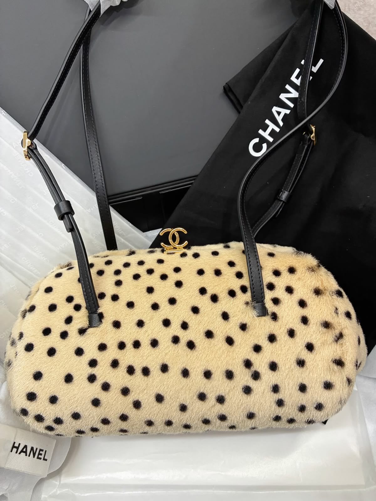 Chanel Spotted Haircalf / Fur Clutch Bag with CC Kiss-Lock
