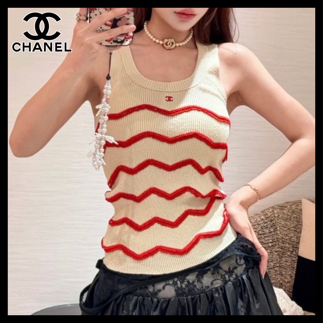 Chanel Wave Striped Ribbed Knit Tank Top