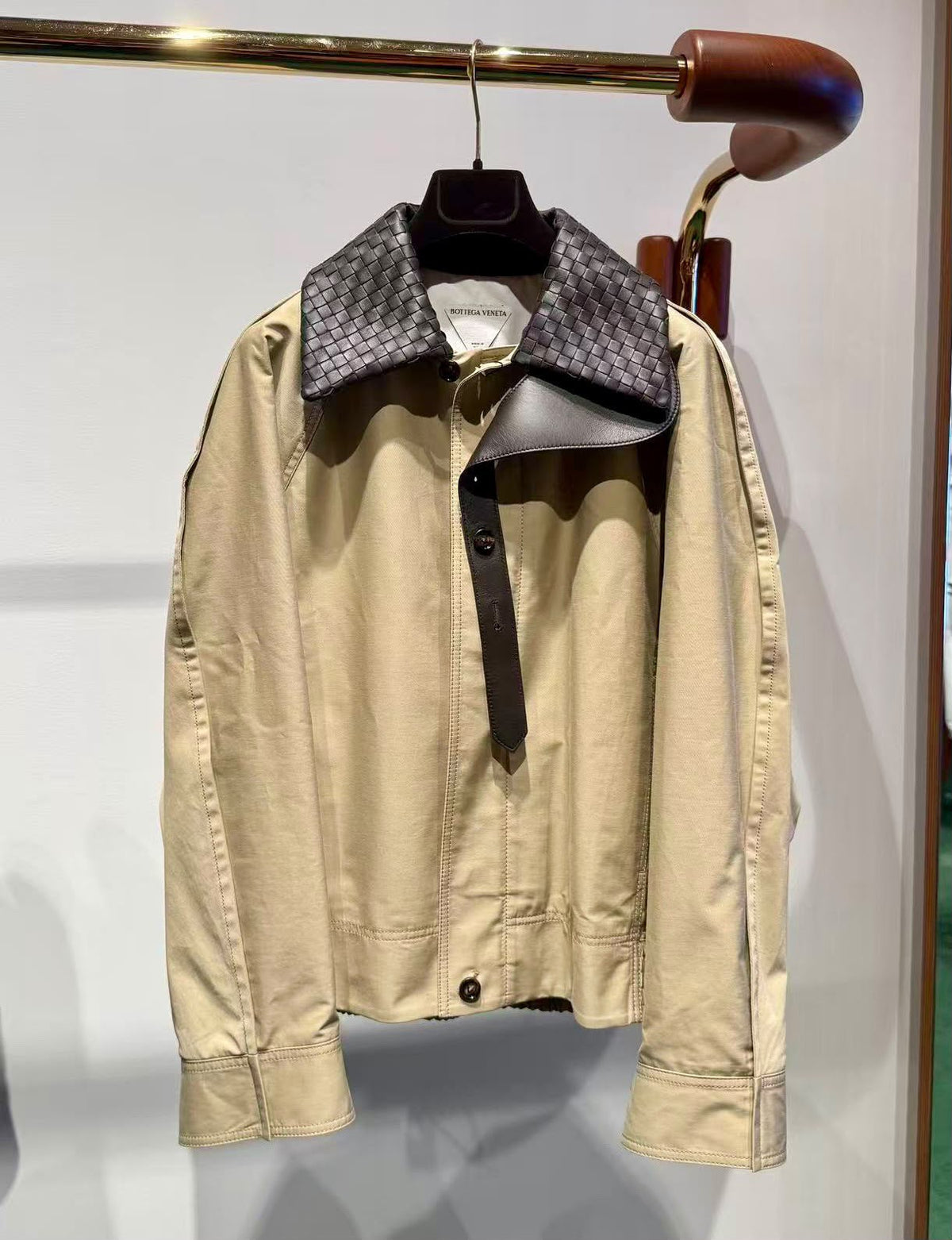 Bottega Veneta Intrecciato Leather Collar Cotton Canvas Jacket