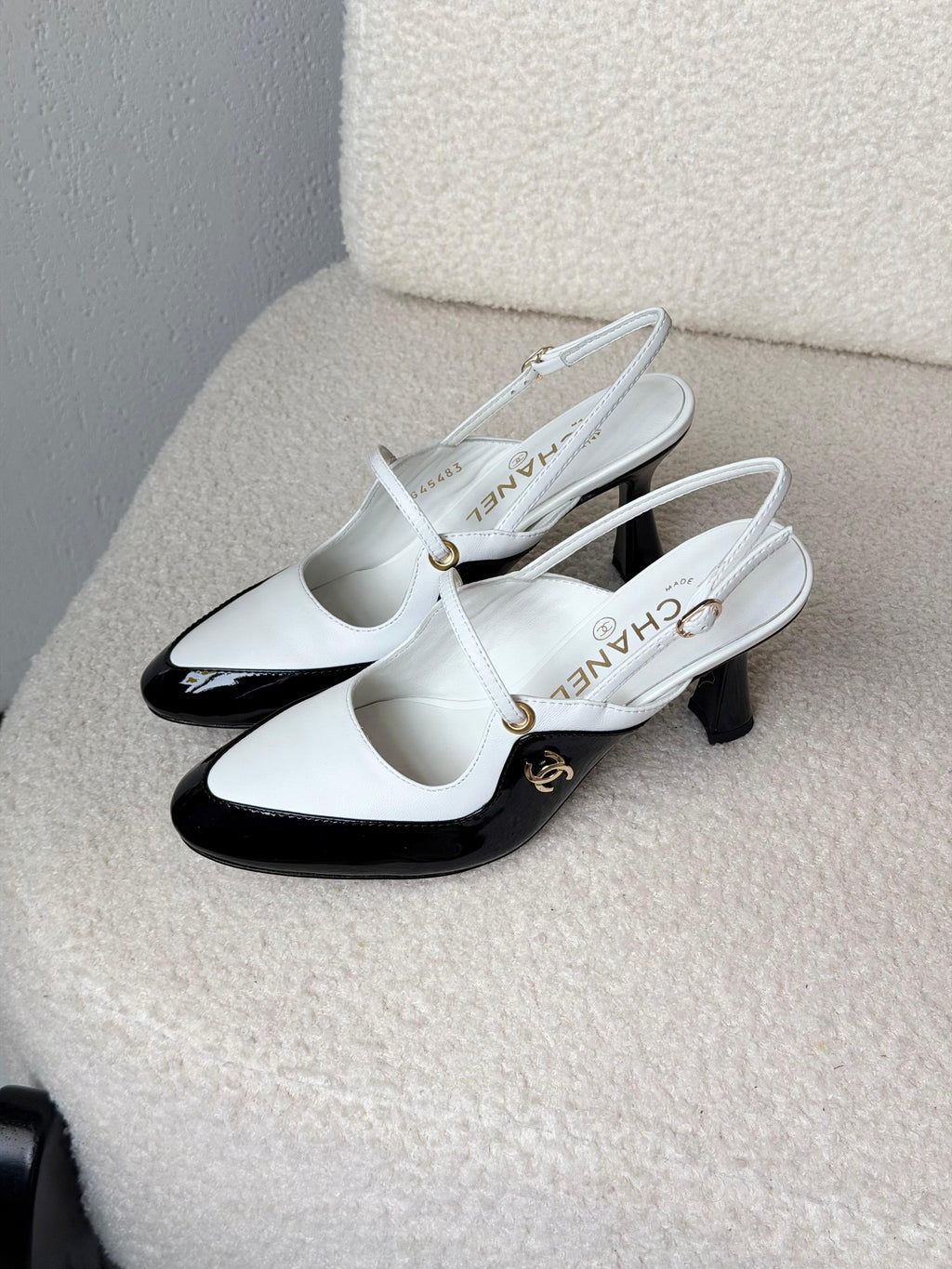 Chanel Two-Tone Patent and Leather Slingback Heels with T-Strap and CC Logo