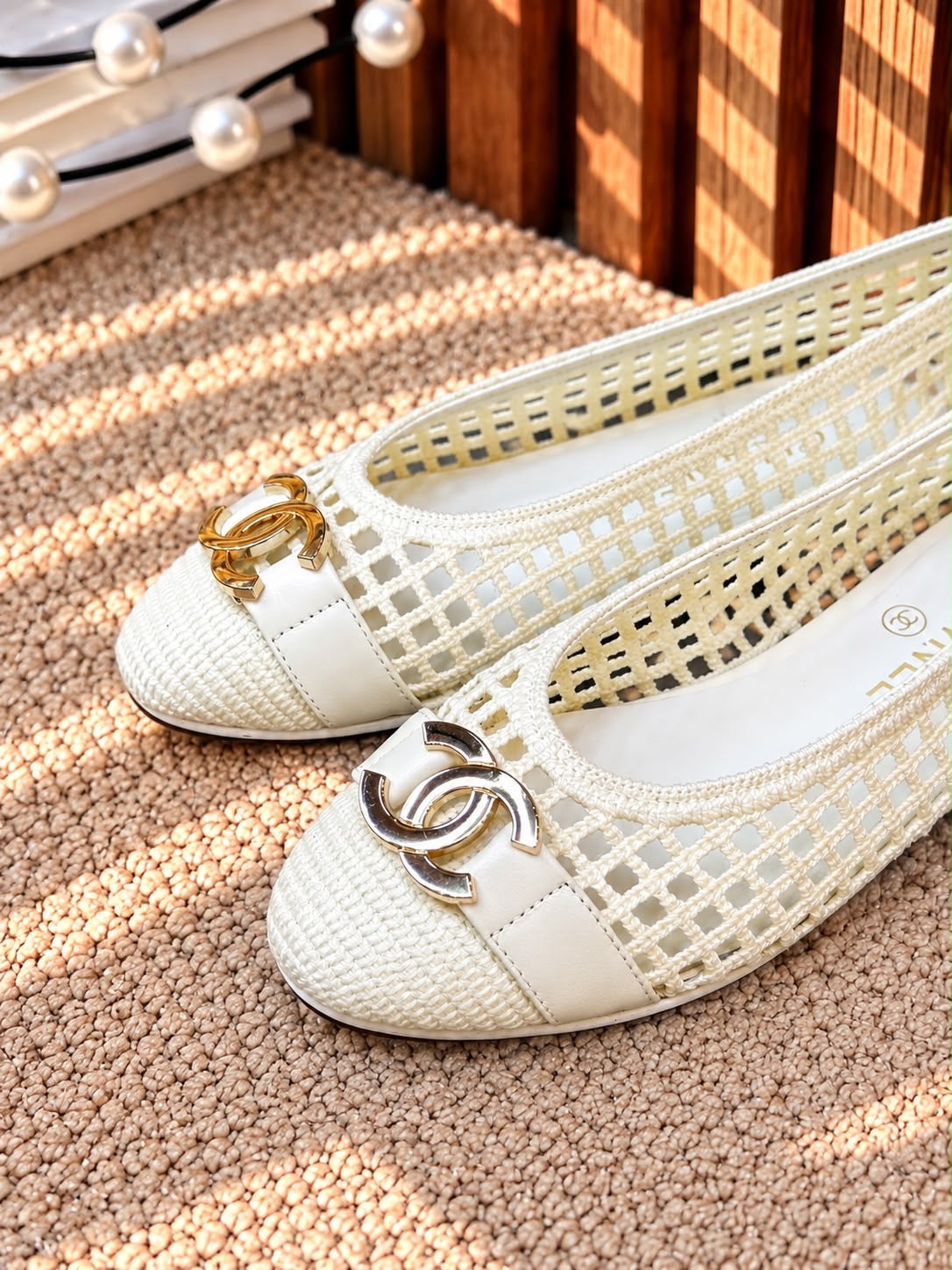 Beige Chanel CC Flats