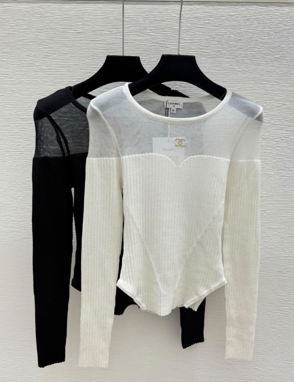 Chanel Sheer Mesh Paneled Long-Sleeve Knit Top with CC Hardware