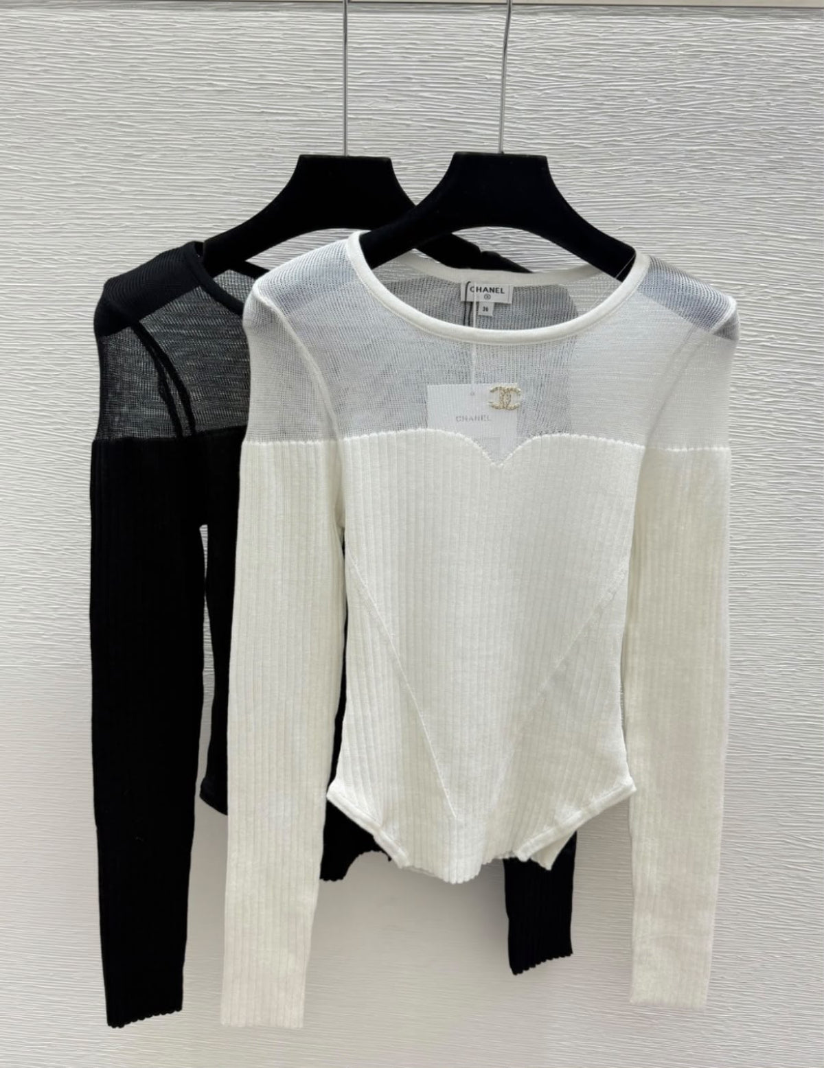 Chanel Sheer Mesh Paneled Long-Sleeve Knit Top with CC Hardware