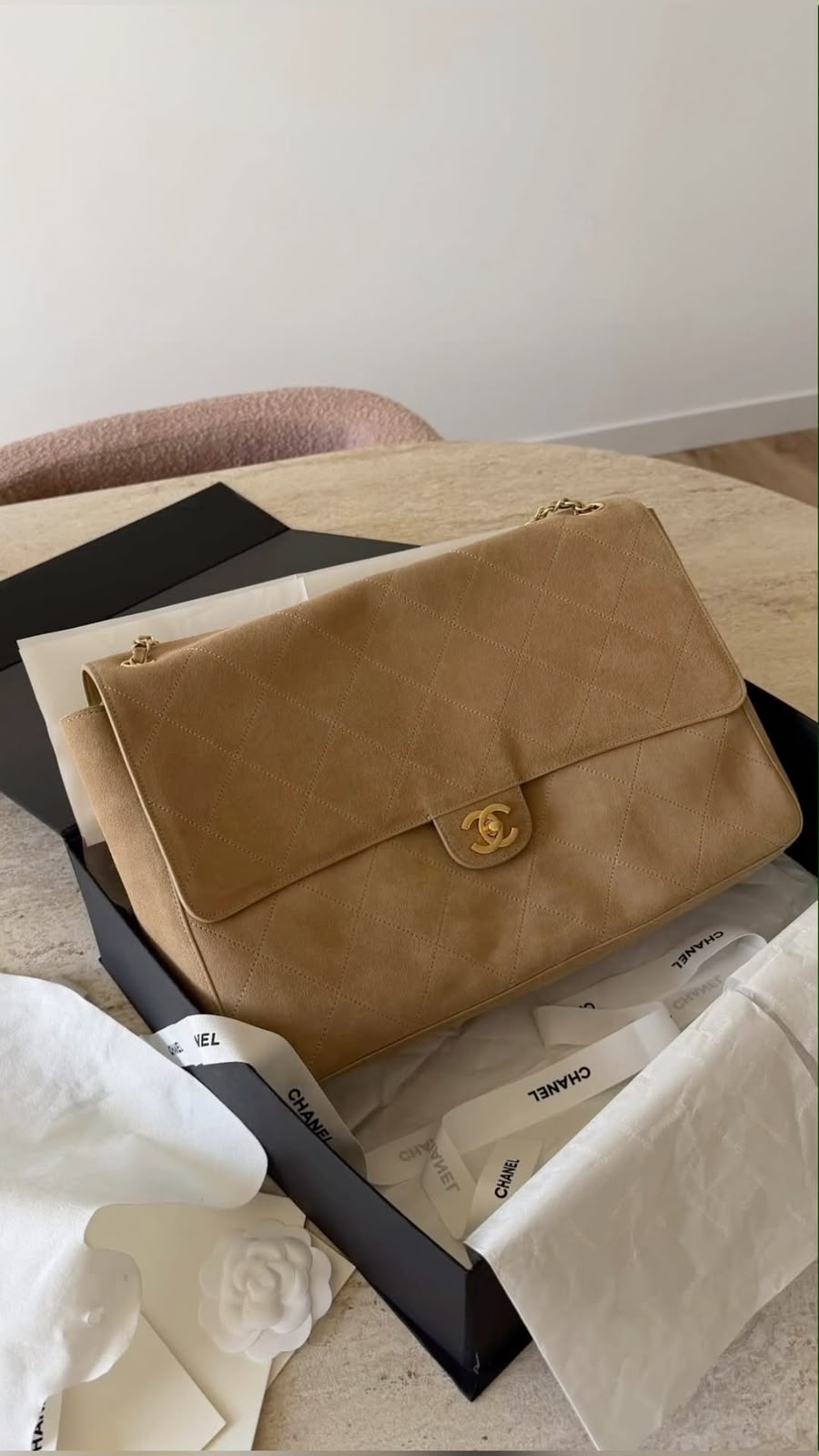 Chanel Suede Classic Flap Bag with Gold-Tone Hardware & Chain Strap