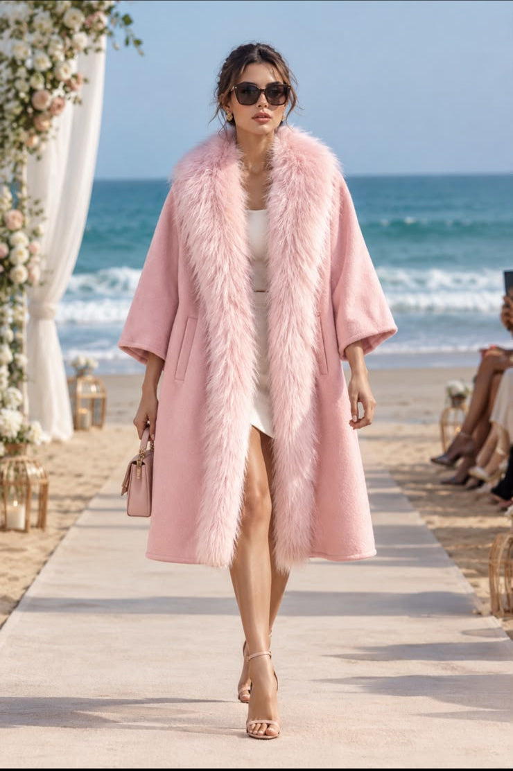 Max Mara Pink Cashmere Coat with Fur Trim