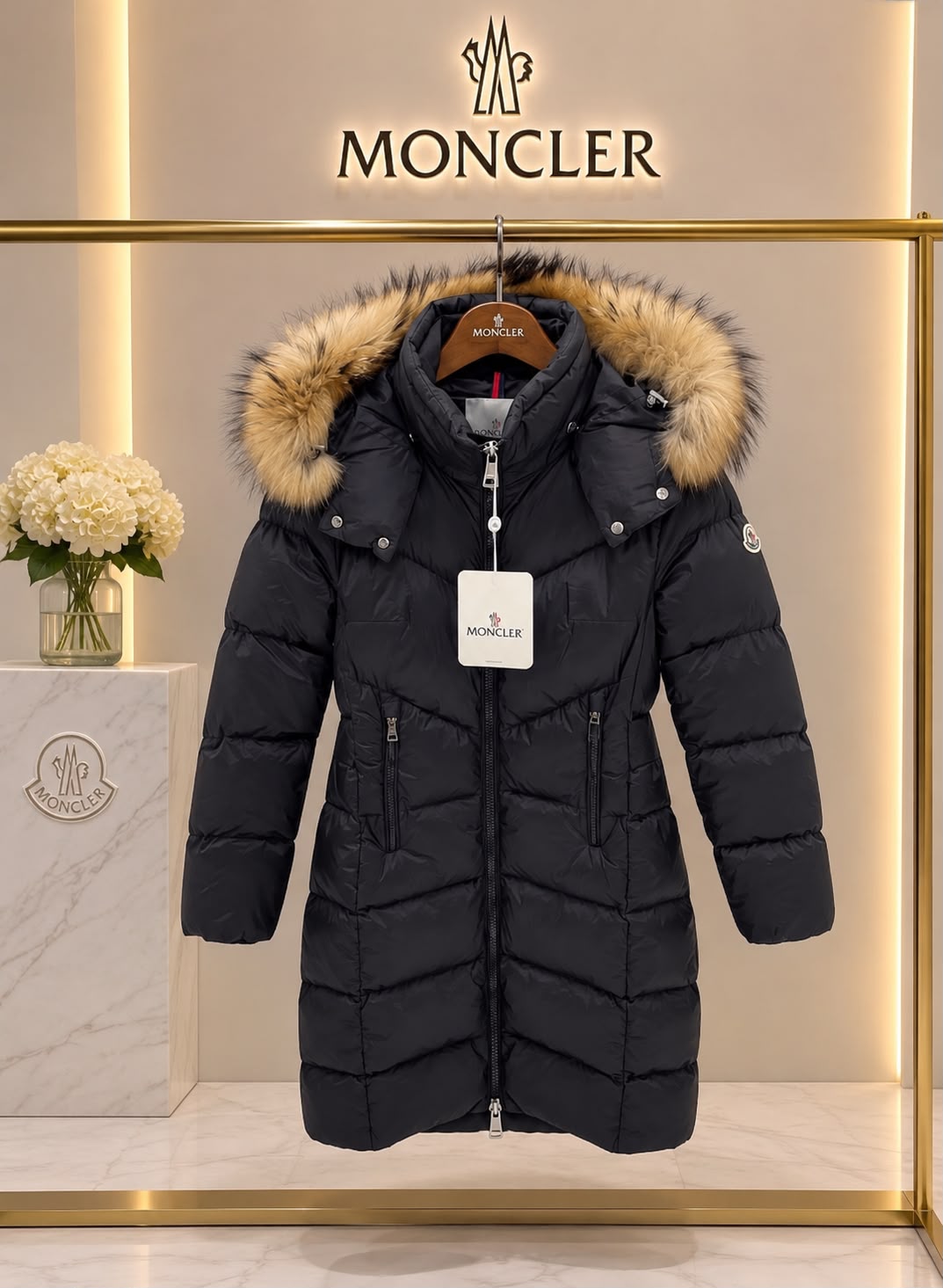 Moncler Long Down Puffer Coat with Fur-Trimmed Hood