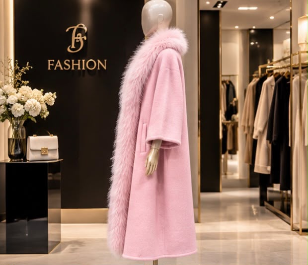 Max Mara Pink Cashmere Coat with Fur Trim