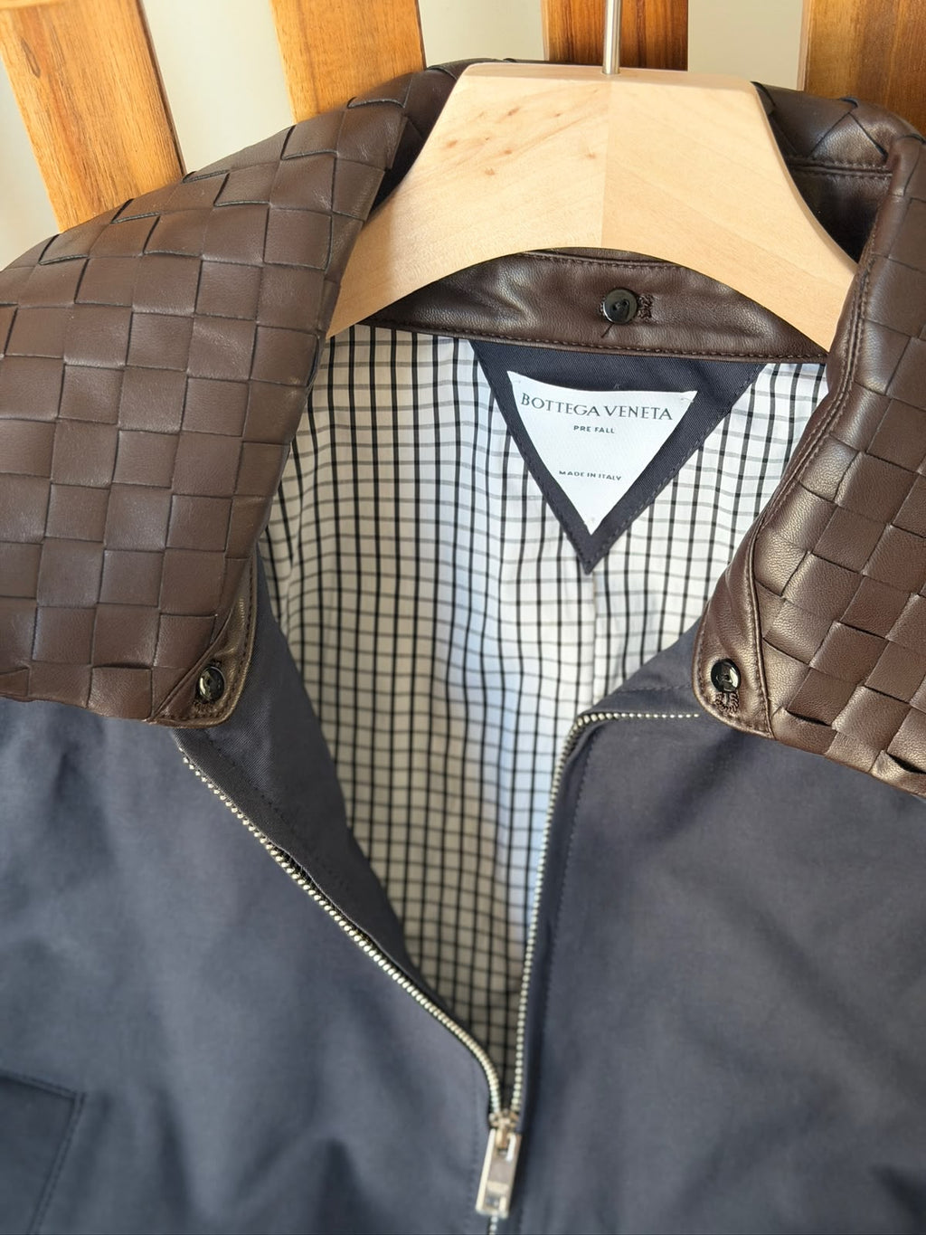Bottega Veneta Crop Jacket with Contrast Woven Leather Collar