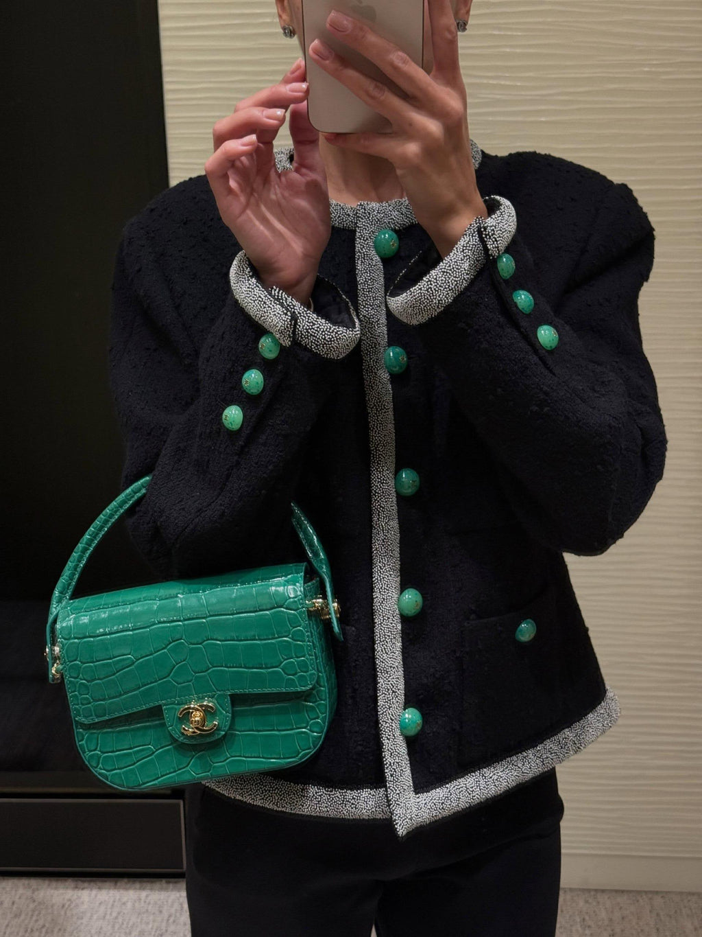 Chanel Beaded Trim Tweed Jacket with Green Buttons