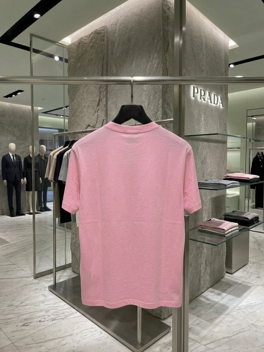 Prada Pink Cotton T-Shirt with Enameled Metal Triangle Logo