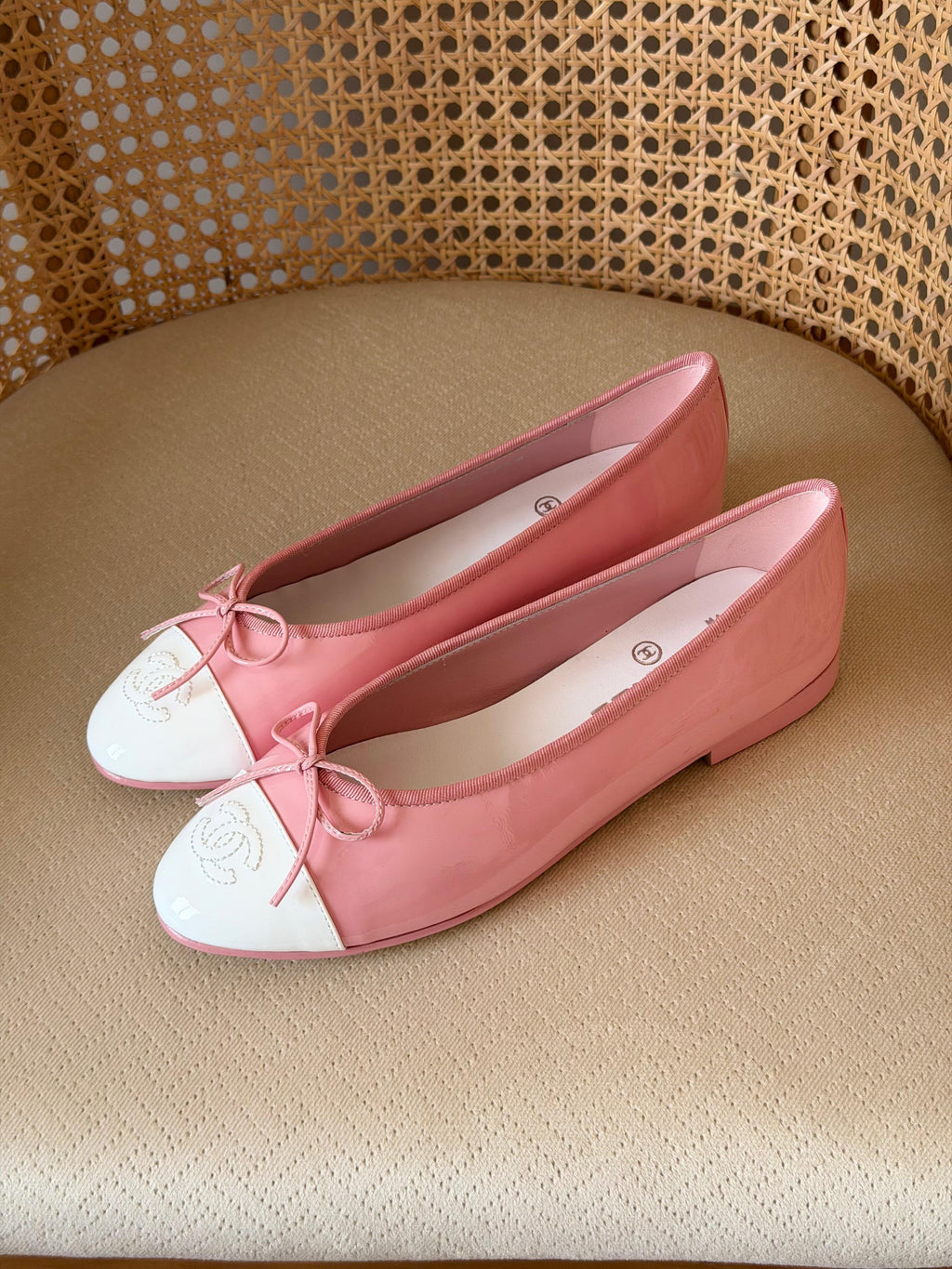 Chanel Two-Tone Patent Leather Ballet Flats with Bow & CC Logo