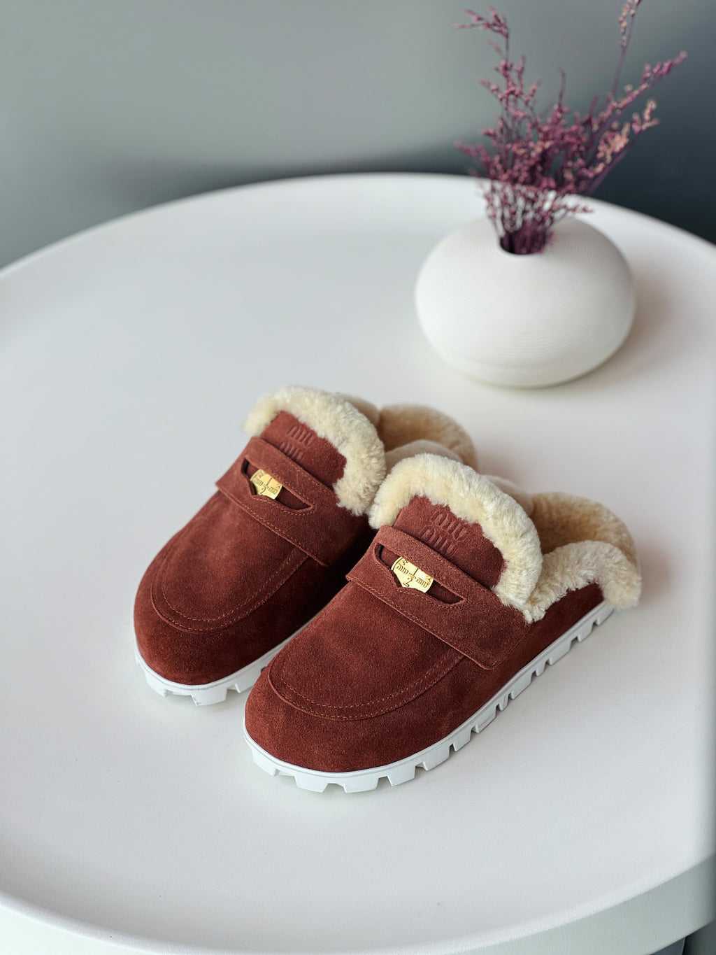 Miu Miu Shearling-Lined Suede Loafers