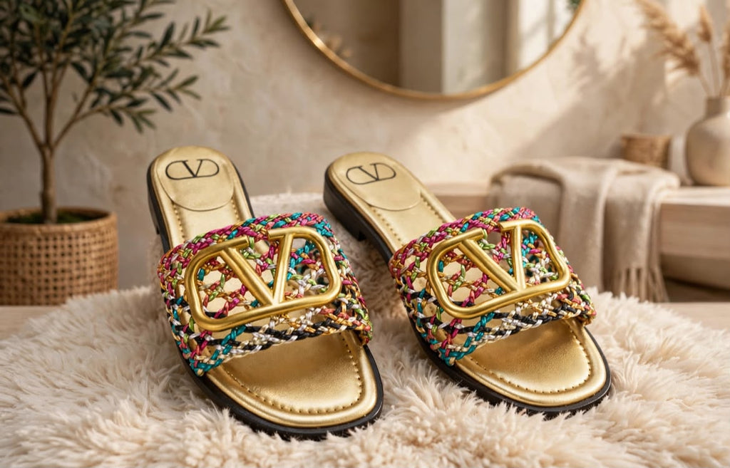 Valentino Garavani VLogo Signature Woven Straw Slide Sandals