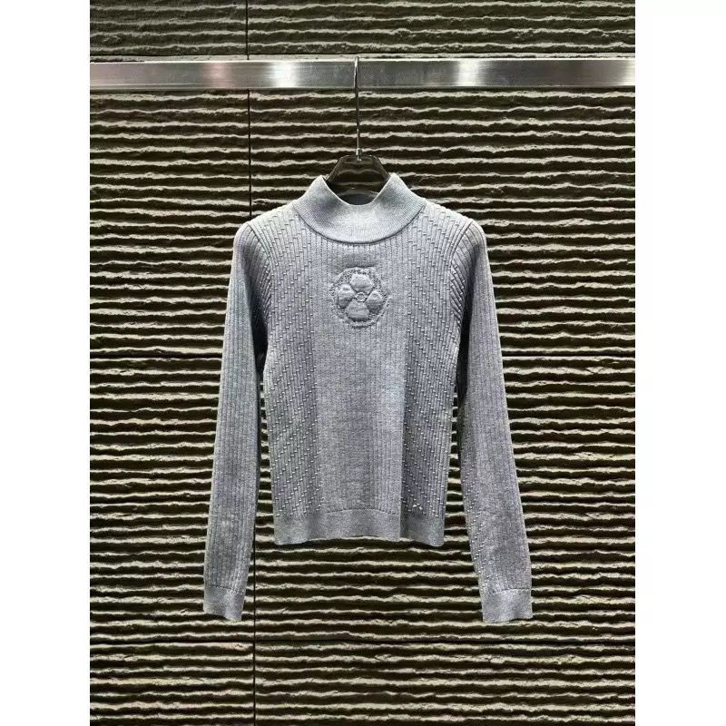 Chanel Camellia Embossed Ribbed High-Neck Knit Sweater