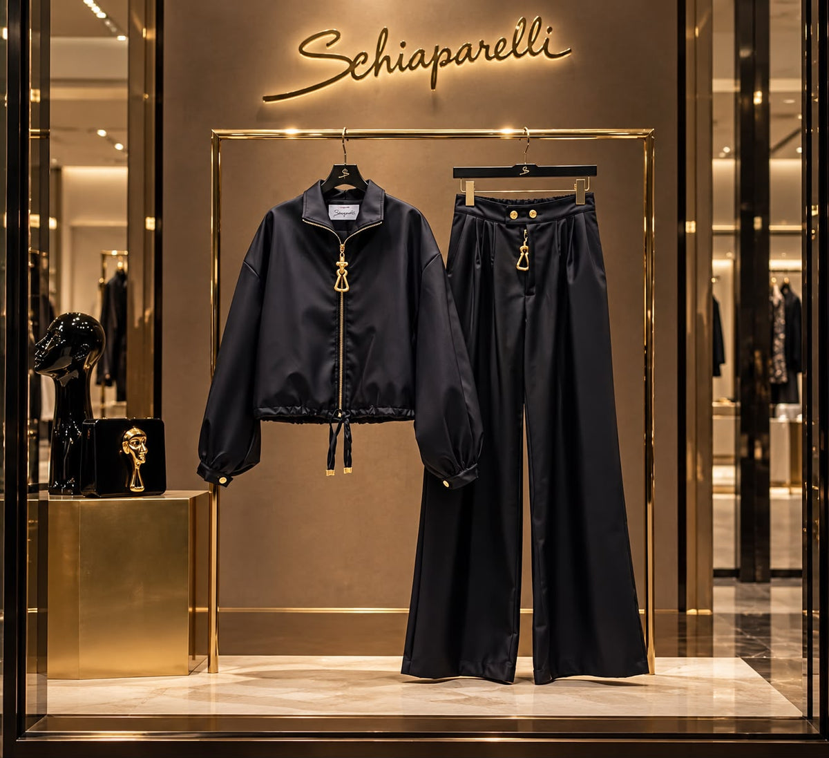 Schiaparelli Gold Hardware Zip Jacket and Wide-Leg Pants Tracksuit Set