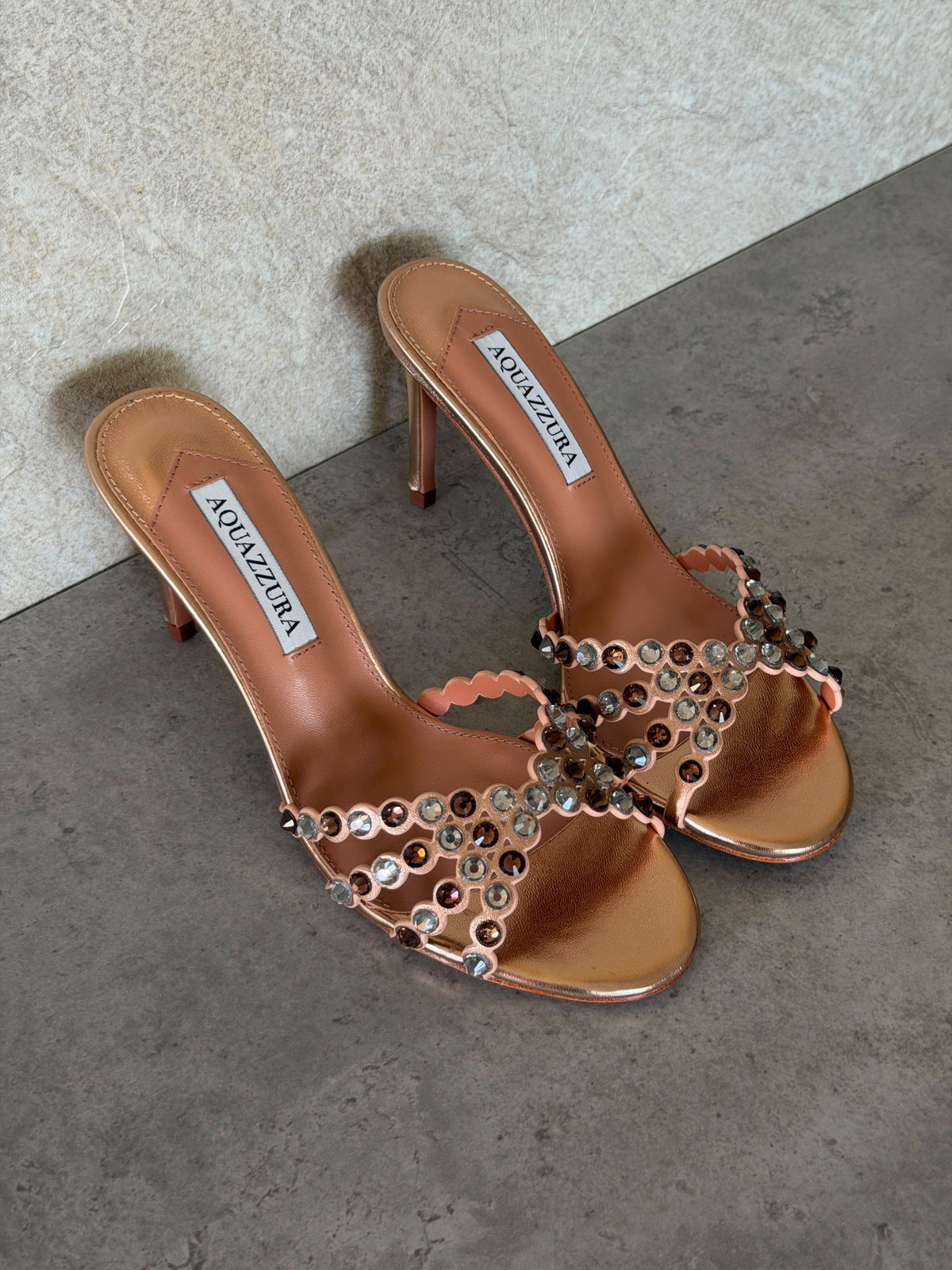 Aquazzura Crystal-Embellished Metallic Leather Mules