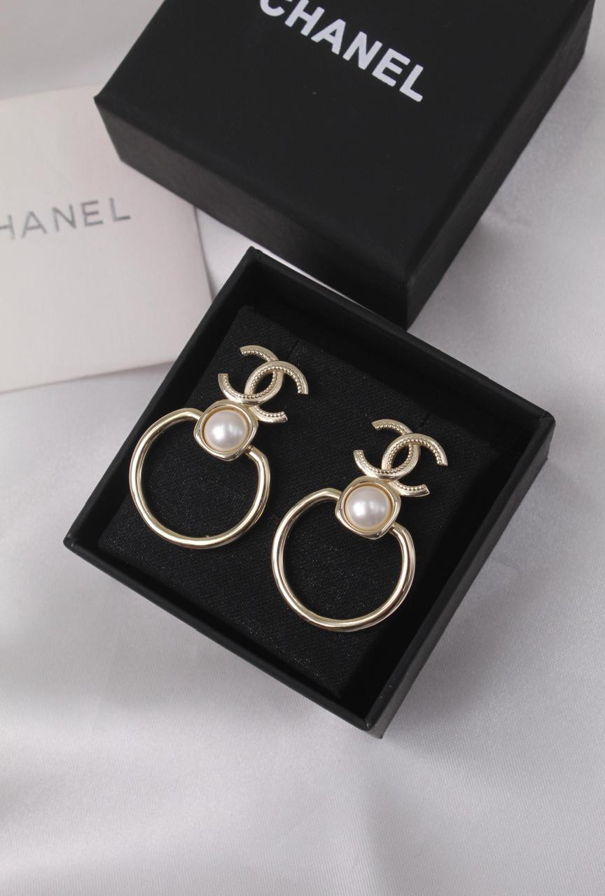 Chanel CC Pearl Gold Hoop Drop Earrings