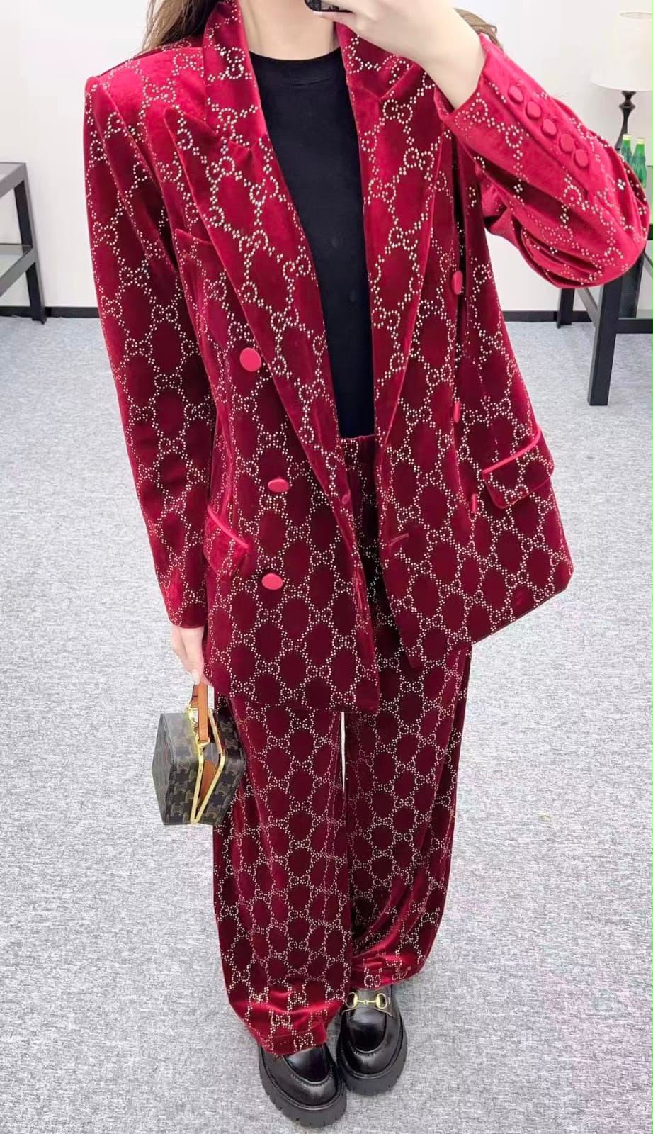 Gucci GG Velvet Double-Breasted Jacket and Trousers Suit Set