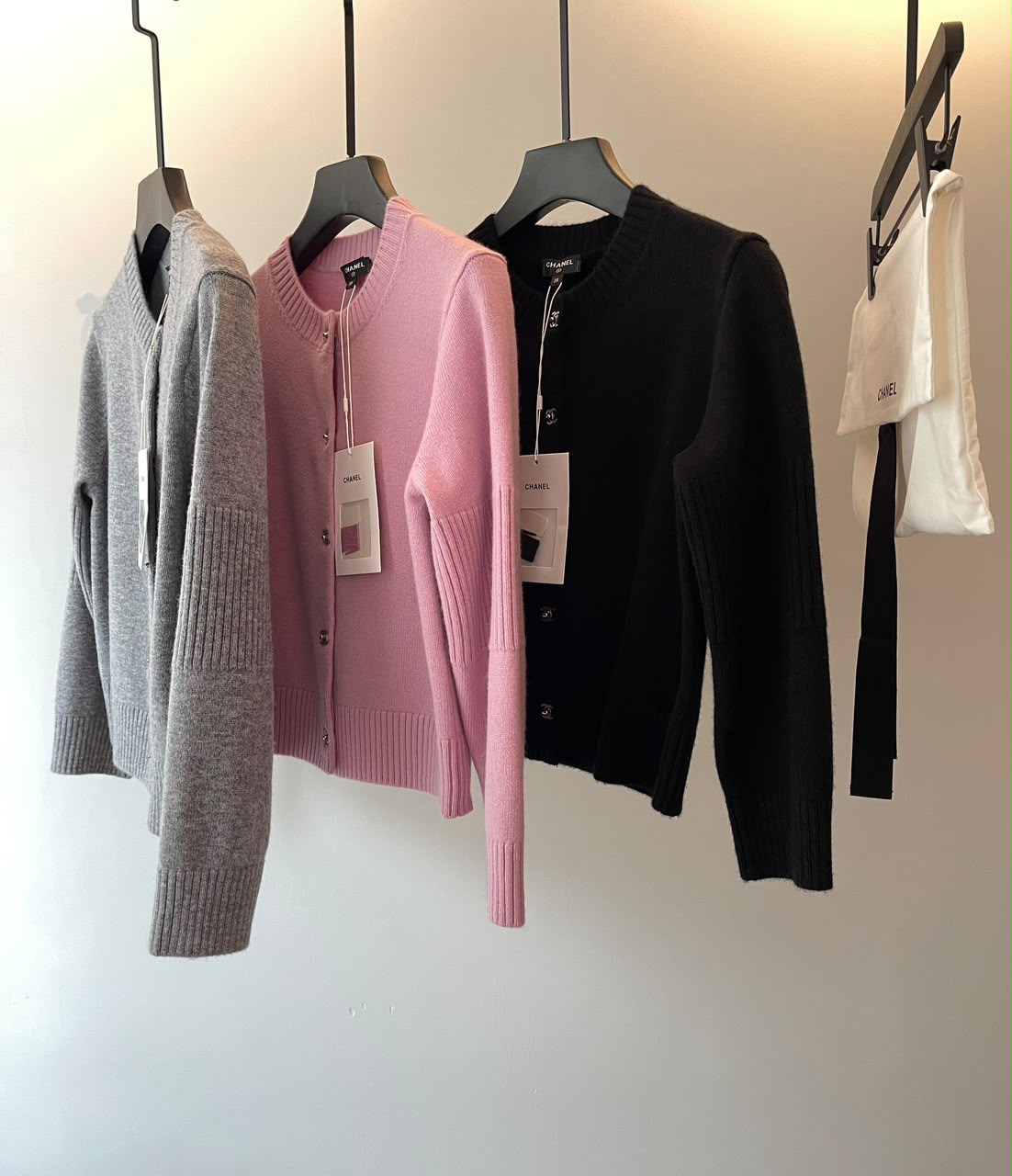 Chanel Cashmere Round-Neck Cardigan with Ribbed Sleeve Details
