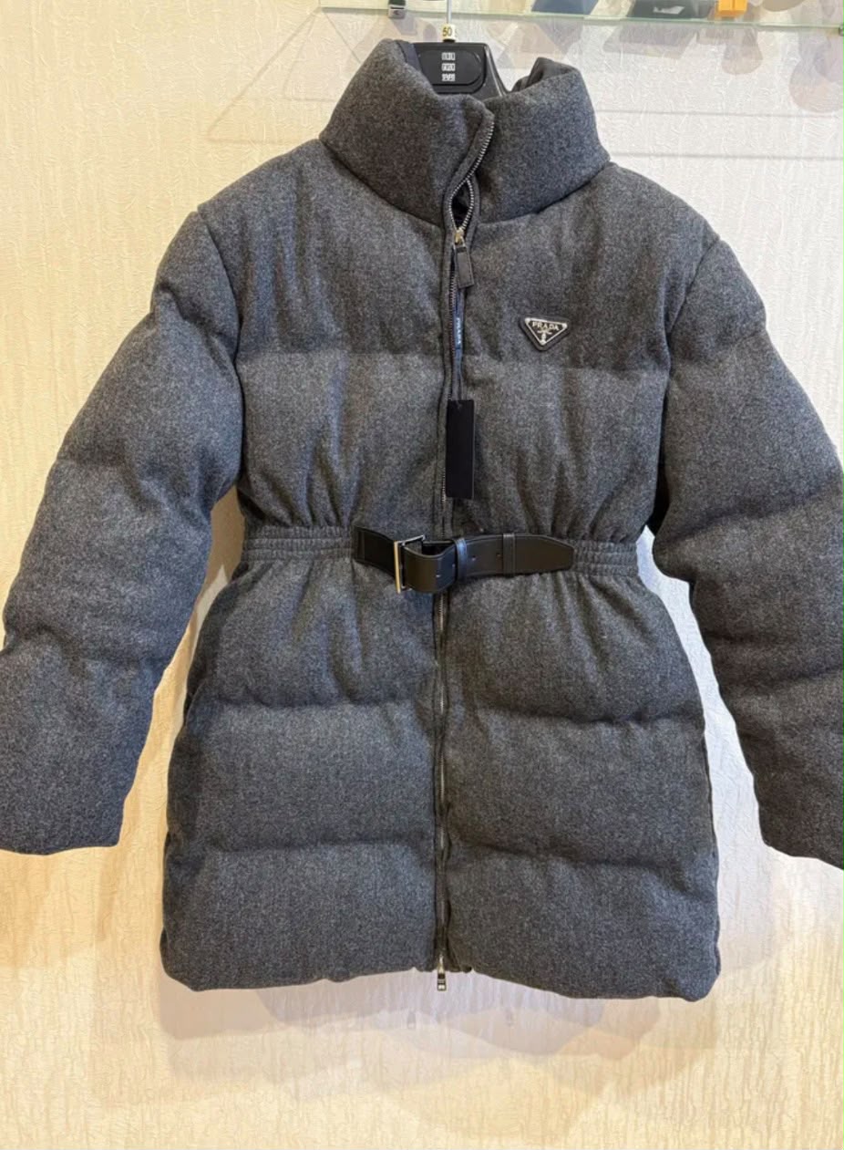 Prada Wool/Flannel Puffer Jacket with Belt