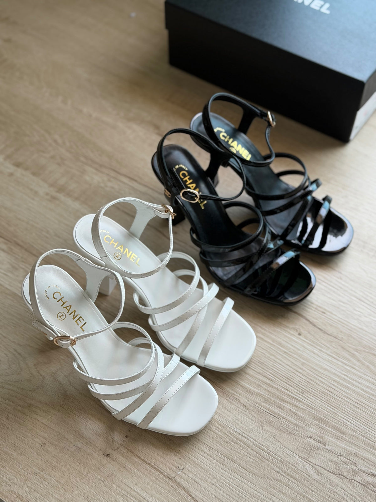 Chanel White Leather Strappy Heeled Sandals
