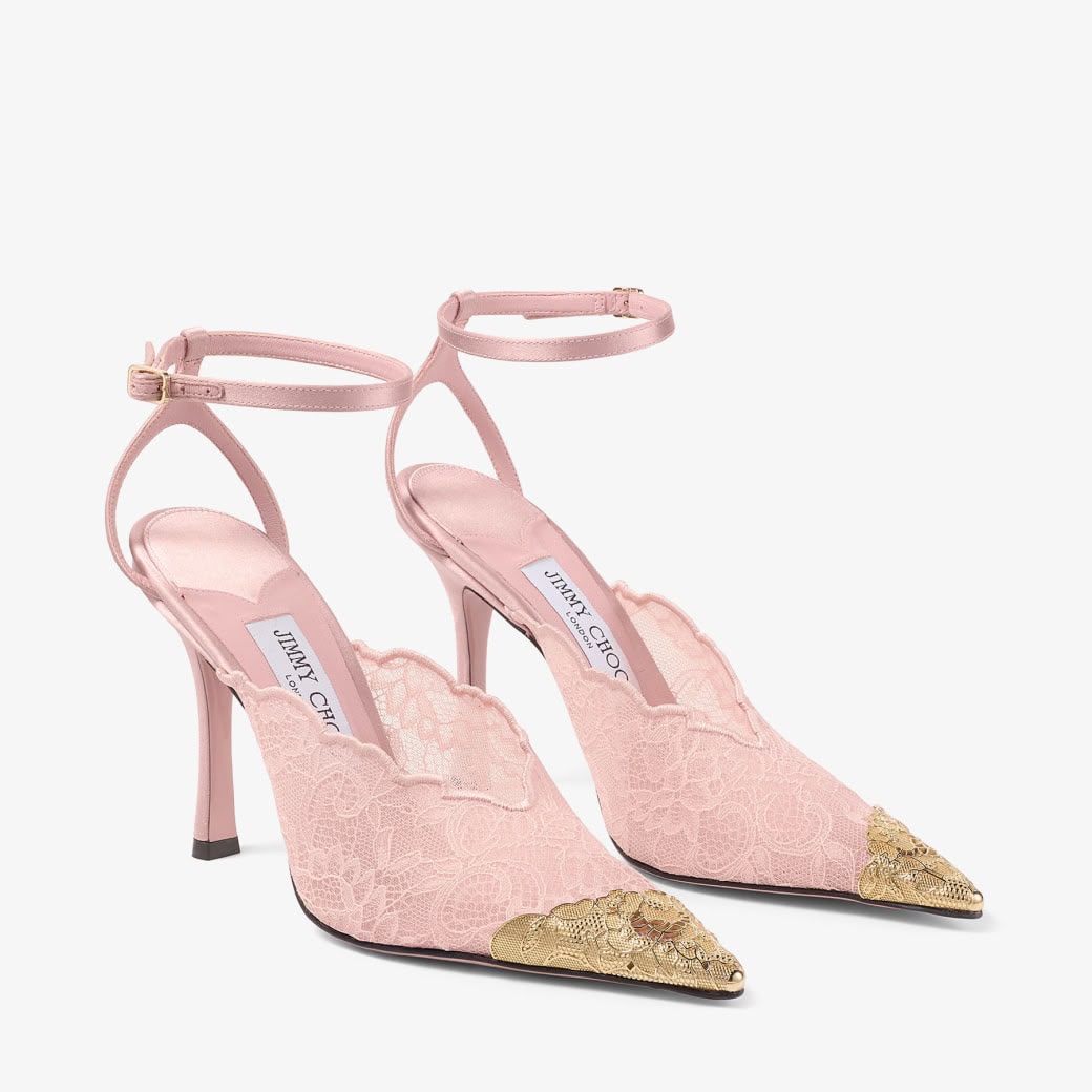 Jimmy Choo Faiz 100 Pink Lace & Metal Toe Cap Pumps