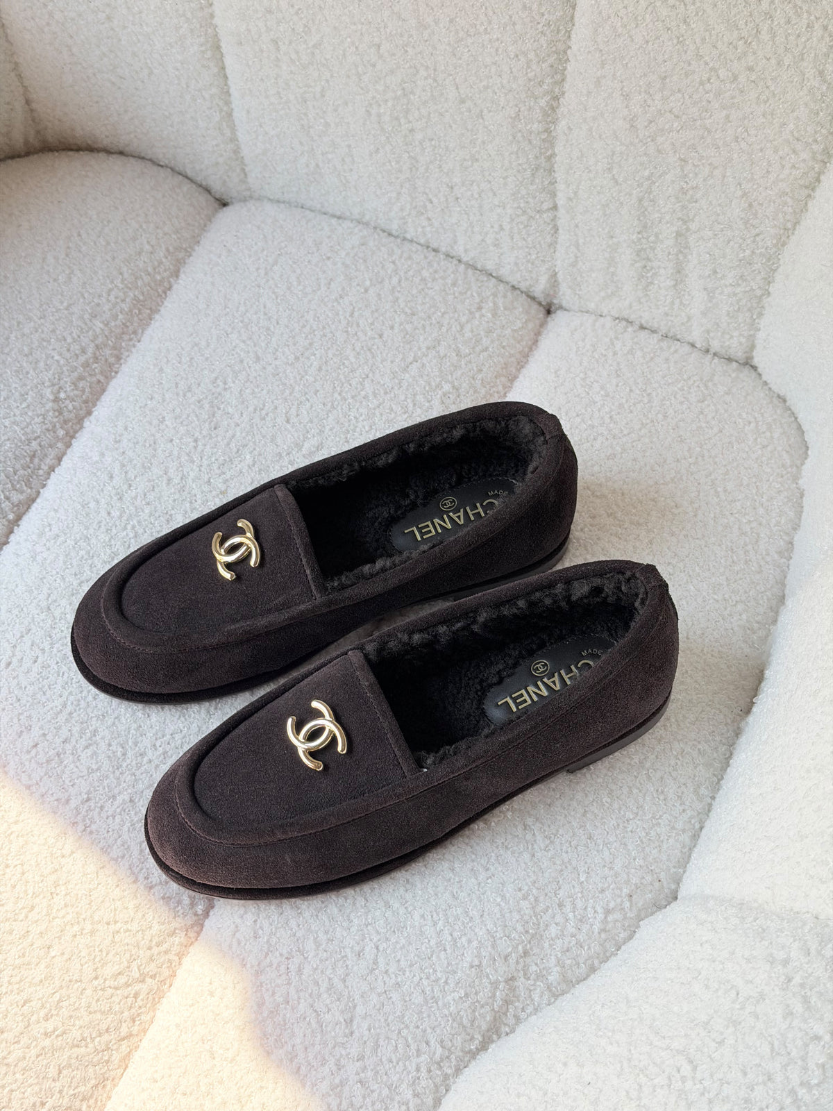Chanel Shearling-Lined CC Logo Loafers
