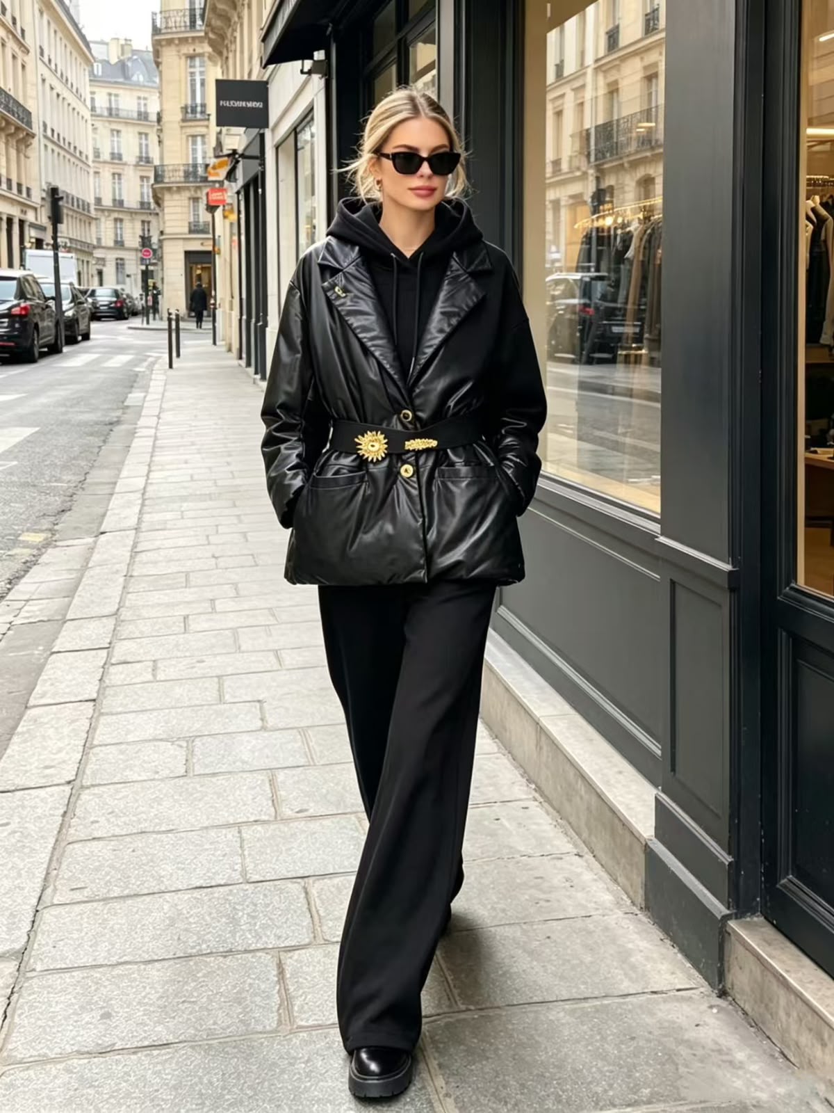 Schiaparelli Belted Leather Puffer Jacket with Hardware Detail