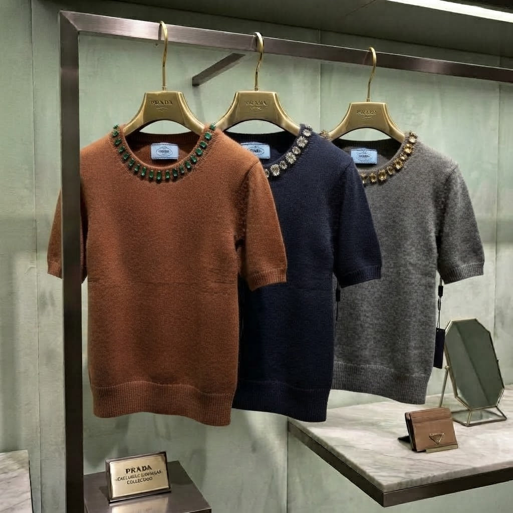PRADA Short-Sleeve Cashmere Top with