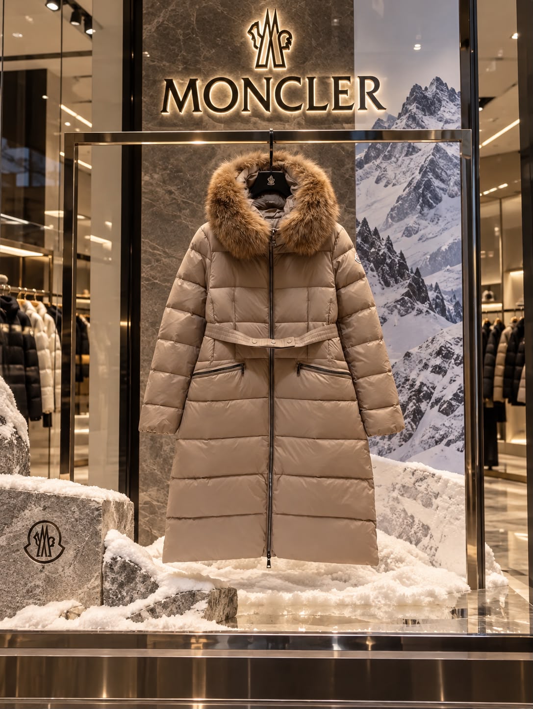 Moncler Long Puffer Coat with Fur-Trimmed