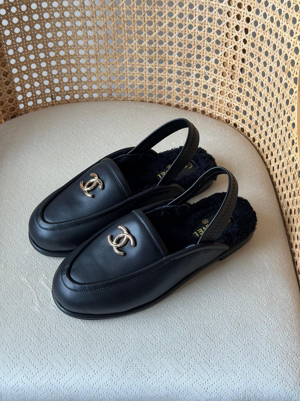 Chanel Shearling-Lined Loafer Mules with CC Logo