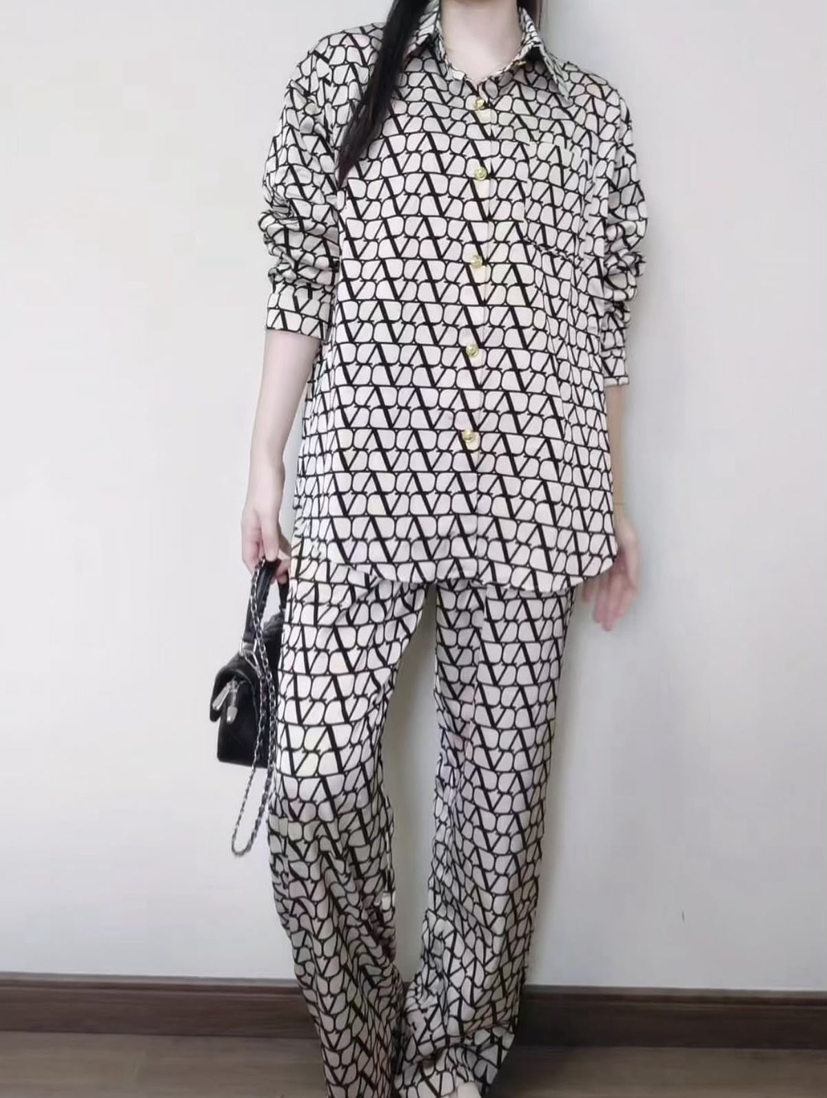 Valentino Monogram Print Silk Shirt and Pants Set