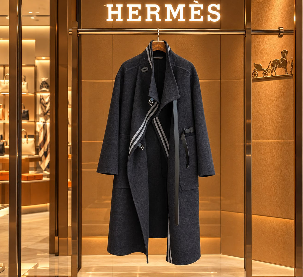 Hermès Long Wrap Coat with Contrast