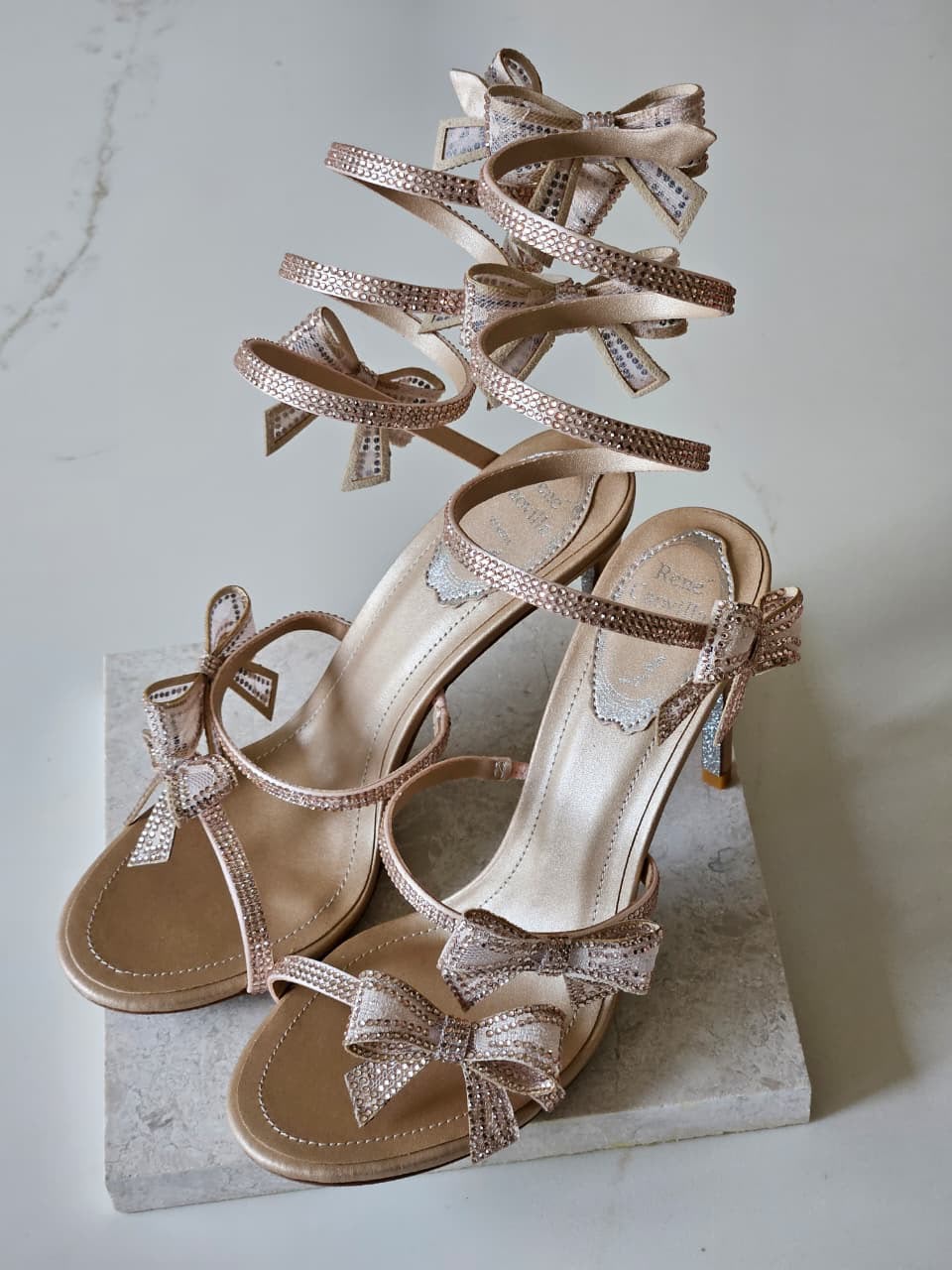 René Caovilla Cleo Crystal-Embellished Spiral Bow Sandals
