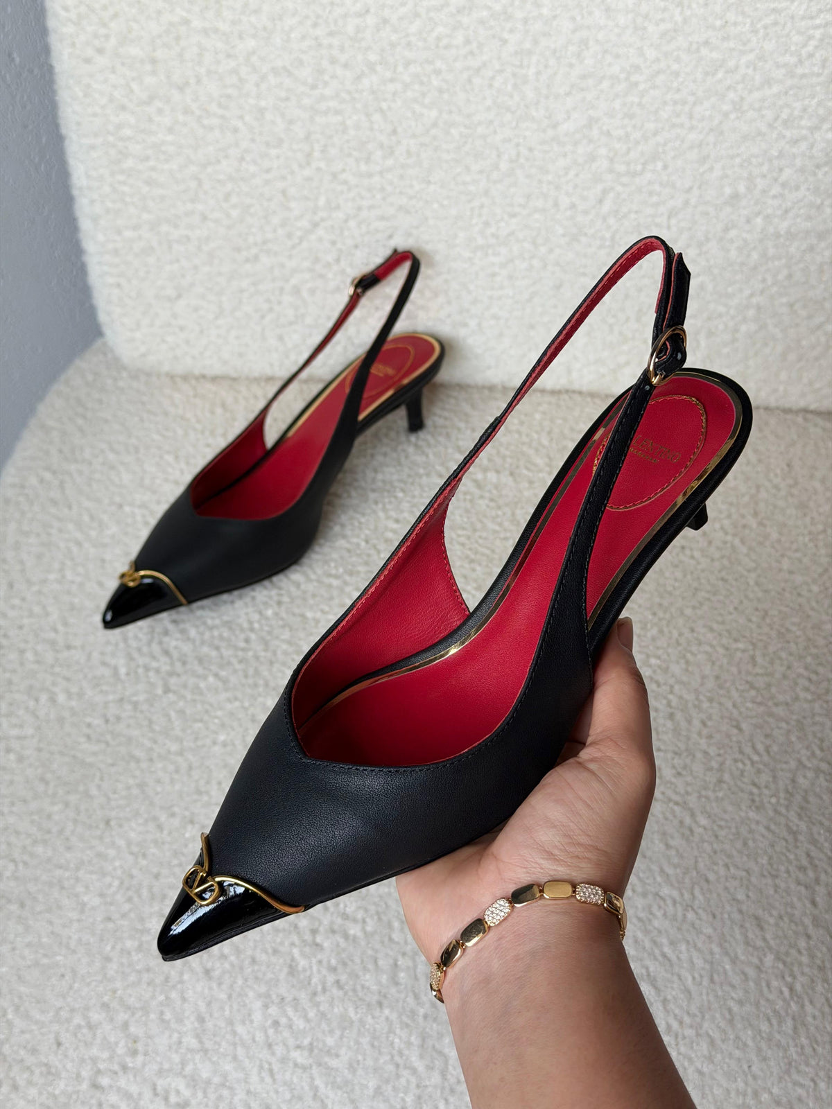 Valentino Garavani VLogo Patent Cap-Toe Leather Kitten Slingback Pumps