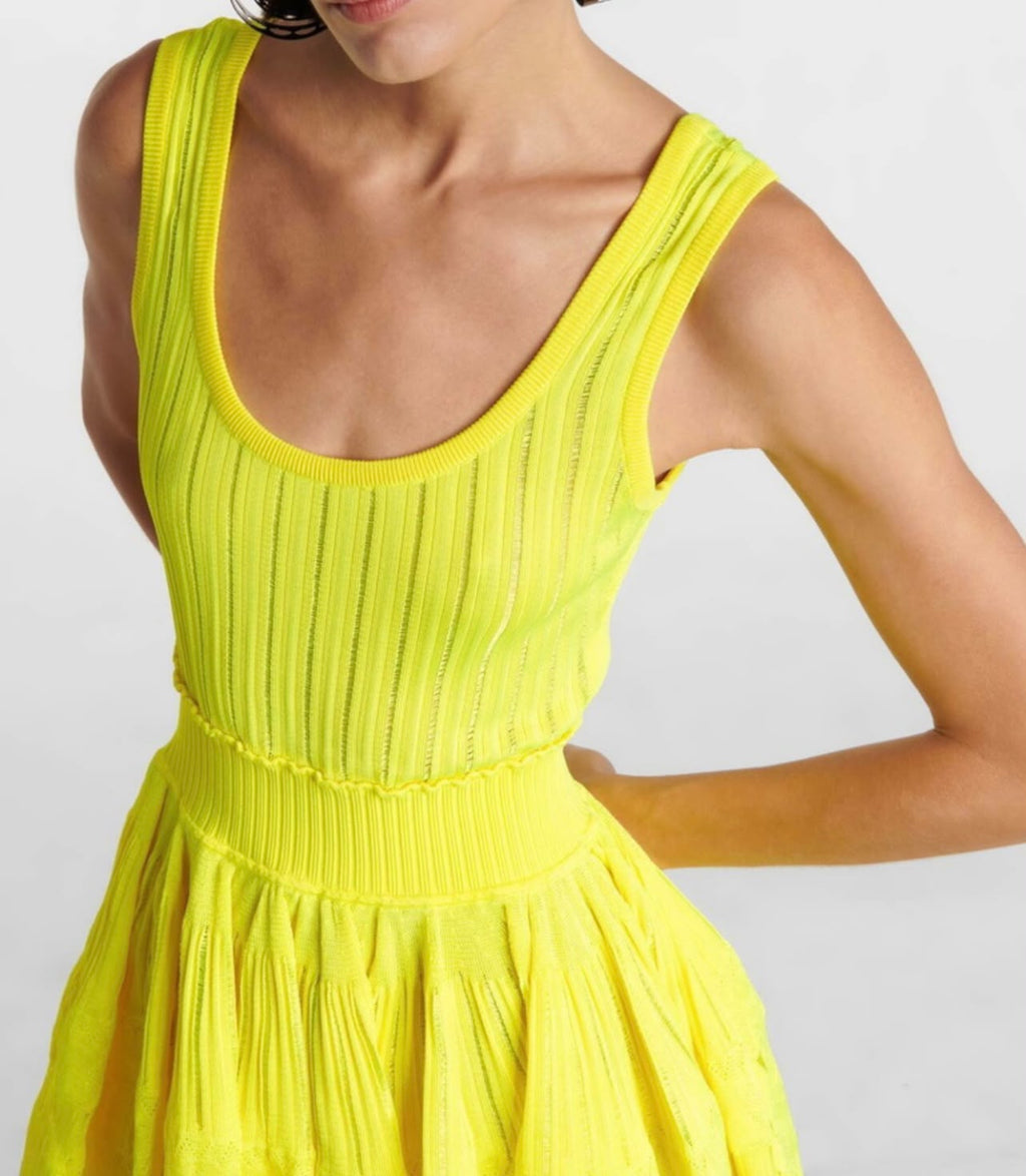 Alaïa Yellow Knit Scoop Neck Flare Dress