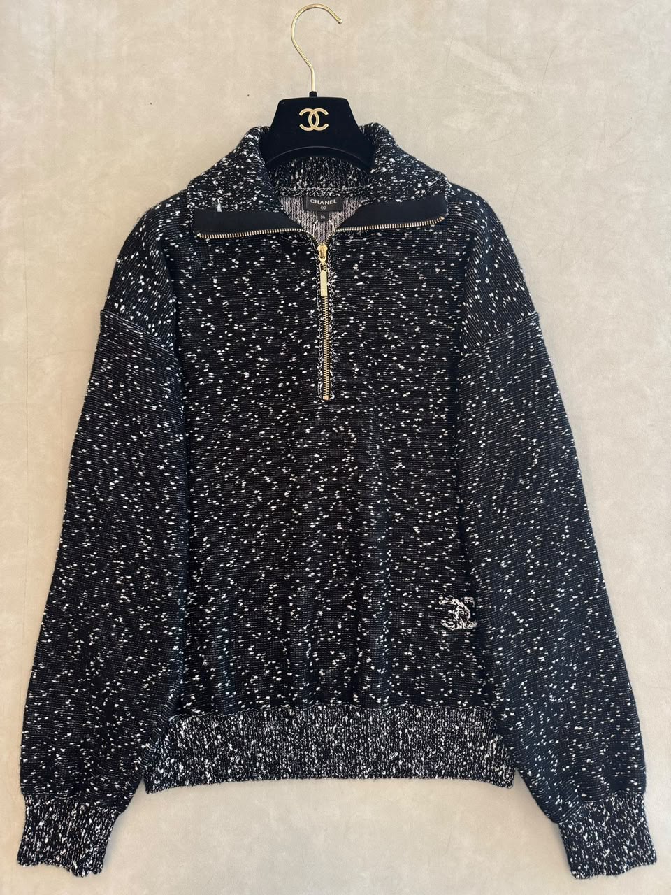 Chanel Black and White Speckled Knit Quarter-Zip