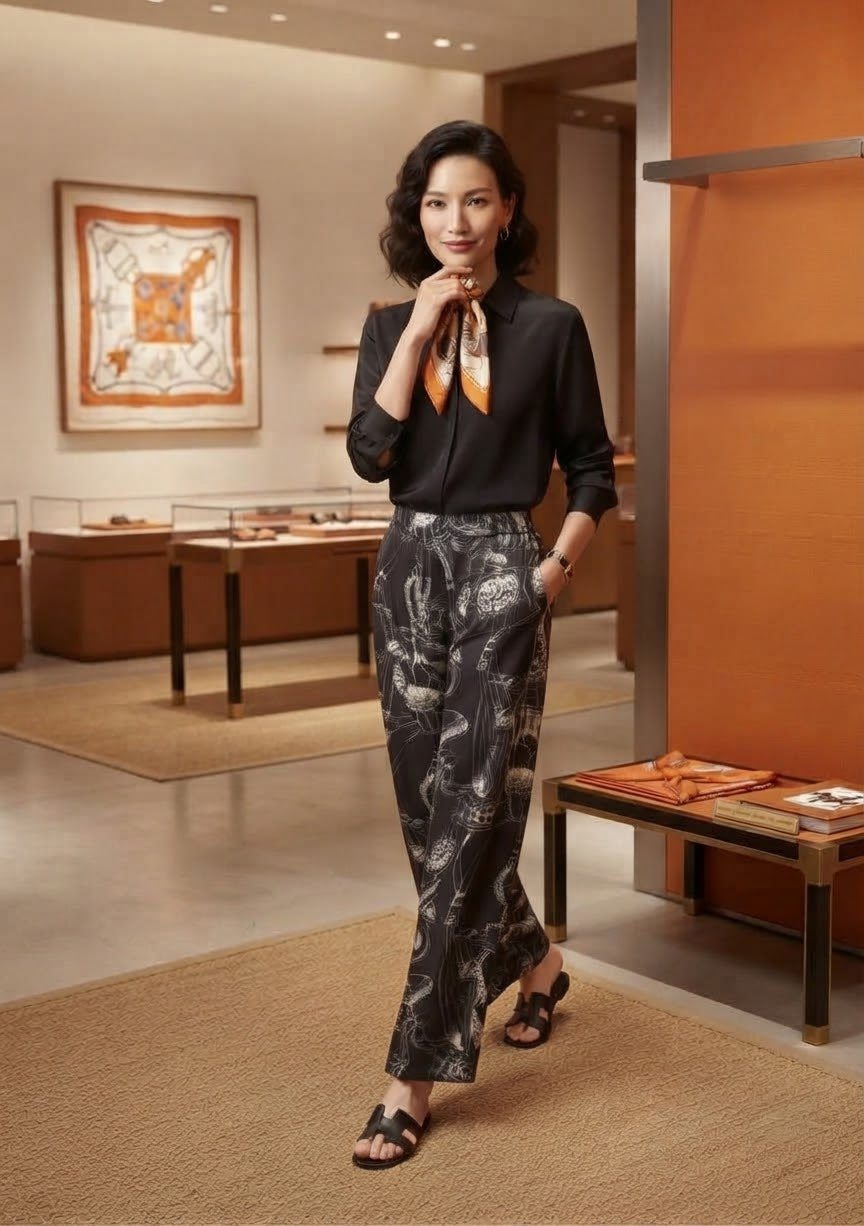Hermès Silk Scarf-Print Wide-Leg Trousers