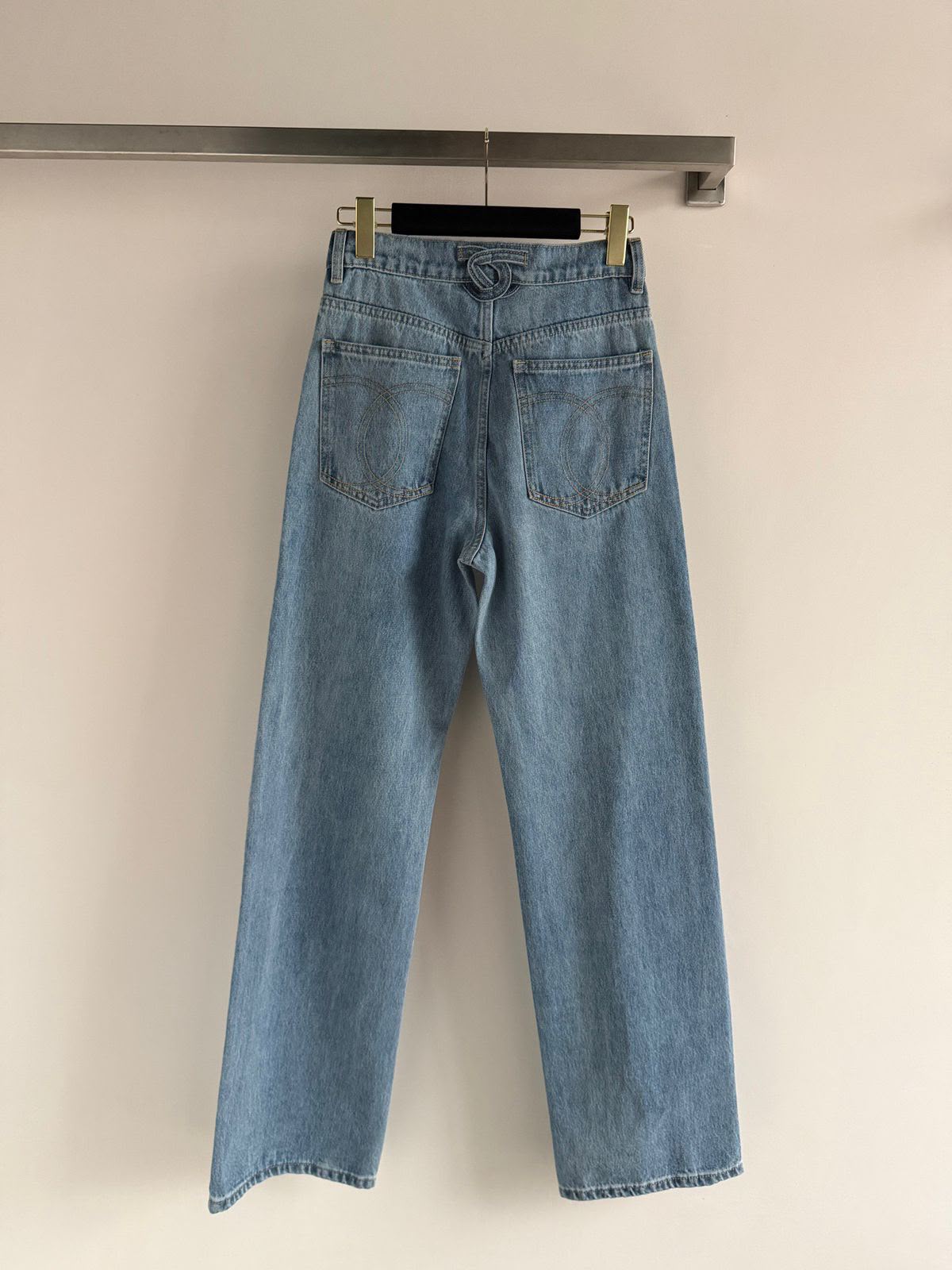 Chanel Light Wash High-Waisted Straight-Leg Denim Jeans with CC